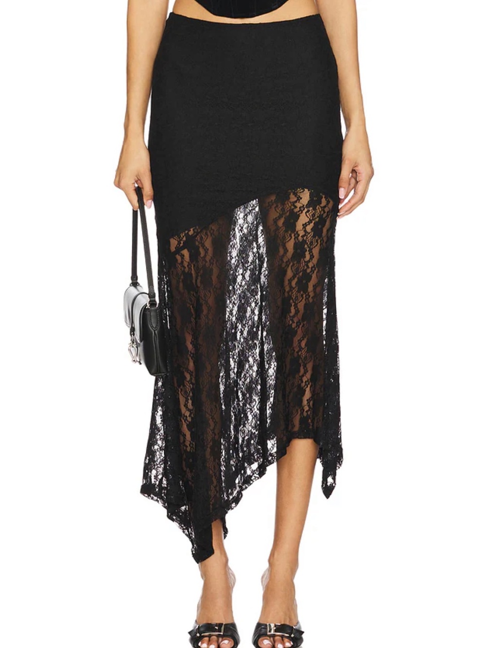 More to Come Black Lace High-Low Maxi Skirt